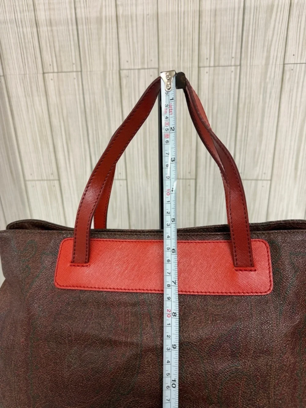Etro Paisley Print Leather Tote Bag Red Orange Trim Shoulder Bag